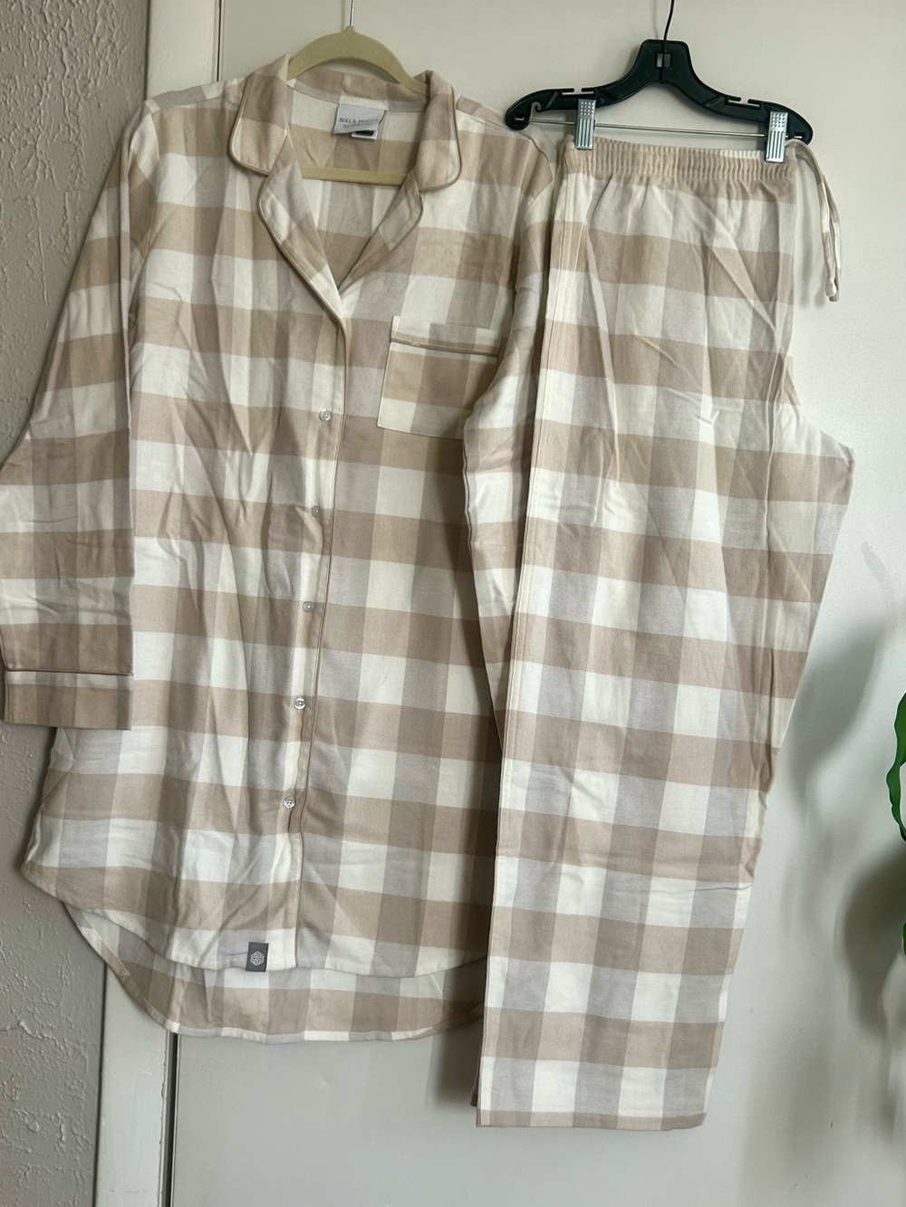Beige and White Plaid Button-Front Pajama Set
